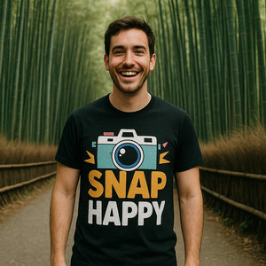Lifestyle shot of the "Snap Happy" black photographers shirts in a real-world setting