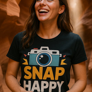 "Snap Happy" black photographers shirts, photographed as photographers lover gift