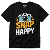 A black t-shirt featuring a colorful graphic of a retro camera above the phrase 