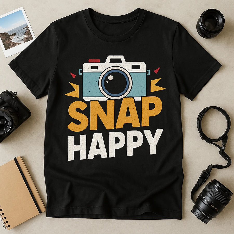 A black t-shirt featuring a graphic of a camera and the text "SNAP HAPPY" in large, bold letters. The shirt is surrounded by a camera, a camera lens, a notebook, and a photo print, all placed on a light surface.