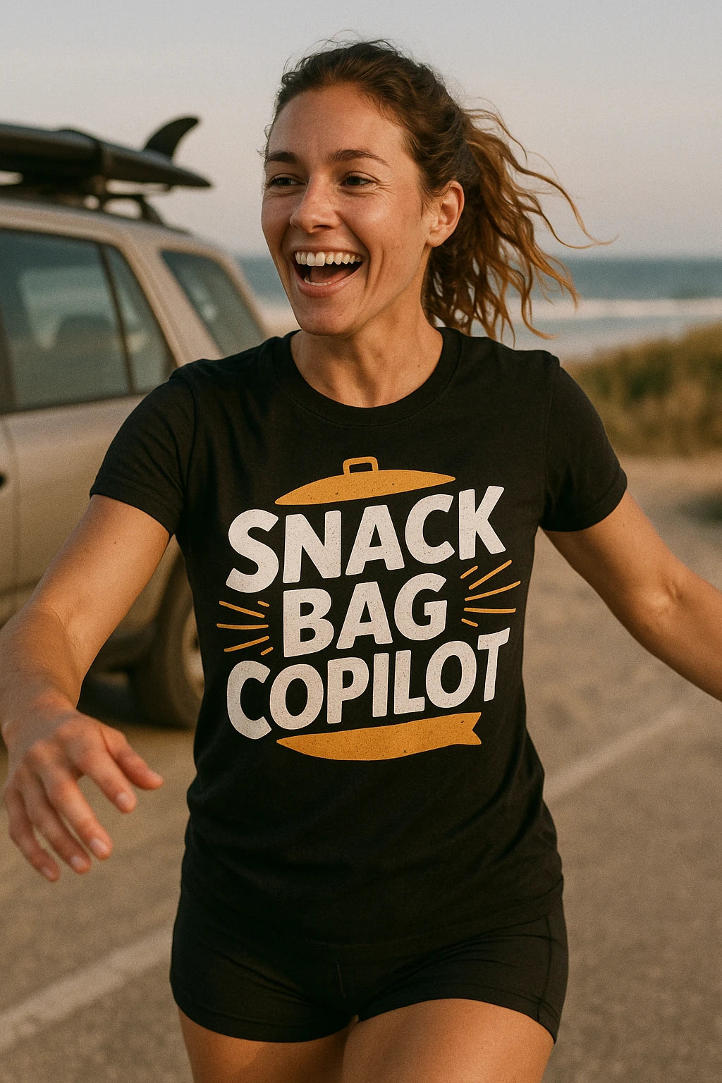 "Snack Bag Copilot" black road trip shirts, photographed as gifts for road trip lovers