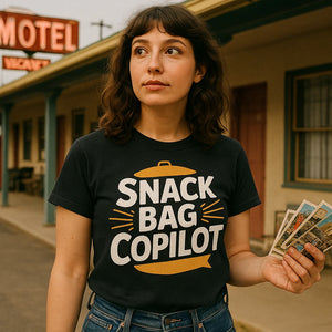 Lifestyle shot of the "Snack Bag Copilot" black road trip shirts in a real-world setting