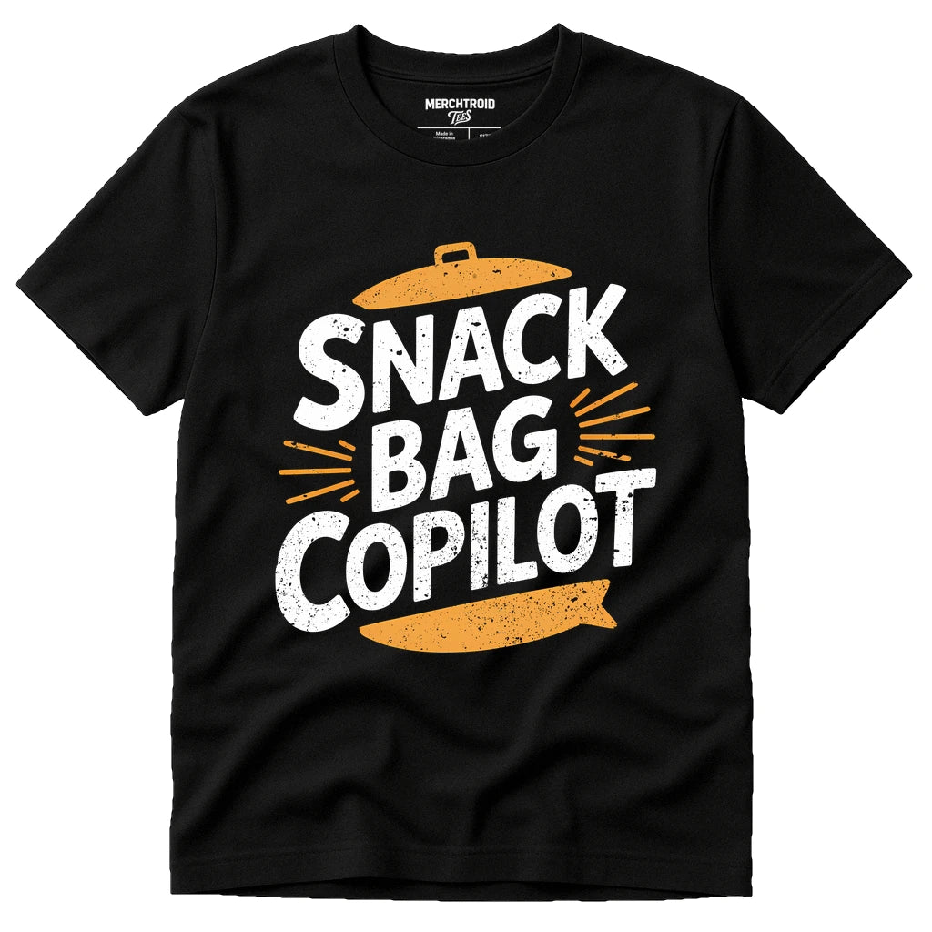 Black Road Trip Shirts - "Snack Bag Copilot" graphic tee with white print, flat lay product photo