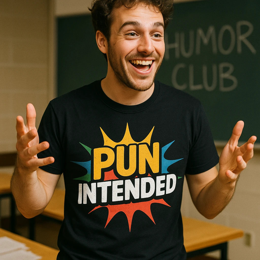 A person with curly hair is standing in a classroom, smiling and gesturing with both hands. They are wearing a black T-shirt with colorful text that reads "PUN INTENDED." In the background, there is a chalkboard with the words "HUMOR CLUB" written on it.