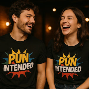 Person wearing the black comedy t shirt graphic tee - "Pun Intended" design