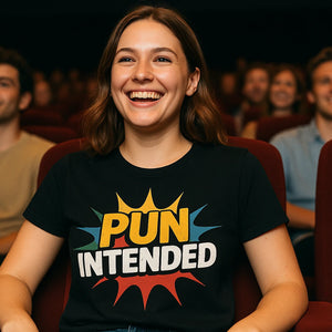 Lifestyle shot of the "Pun Intended" black comedy t shirt in a real-world setting