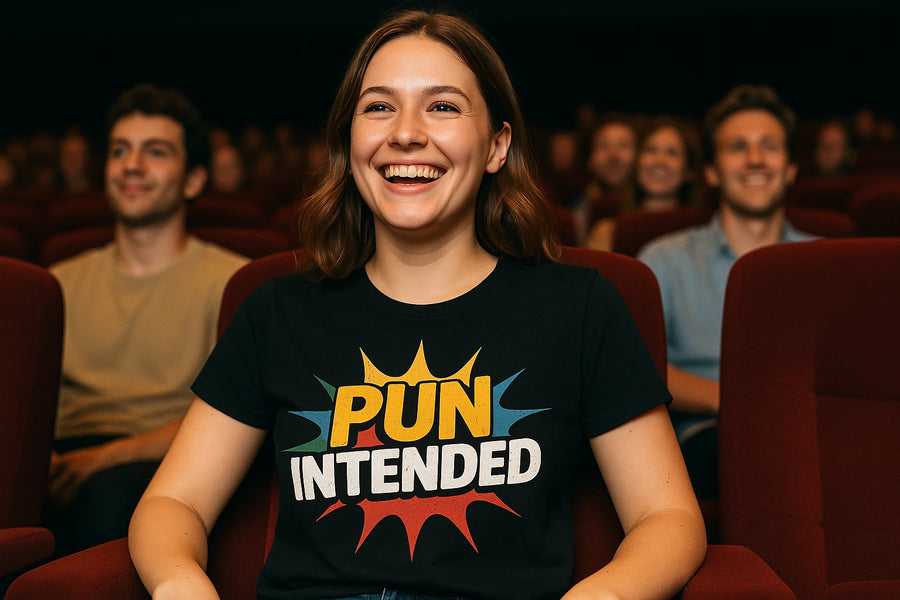 A person with shoulder-length brown hair is sitting in a theater, smiling broadly. They are wearing a black T-shirt with colorful starburst designs around the text "PUN INTENDED." The background shows other people sitting and enjoying the show.