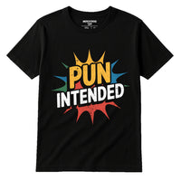 A black t-shirt with a colorful comic-style design featuring the text 