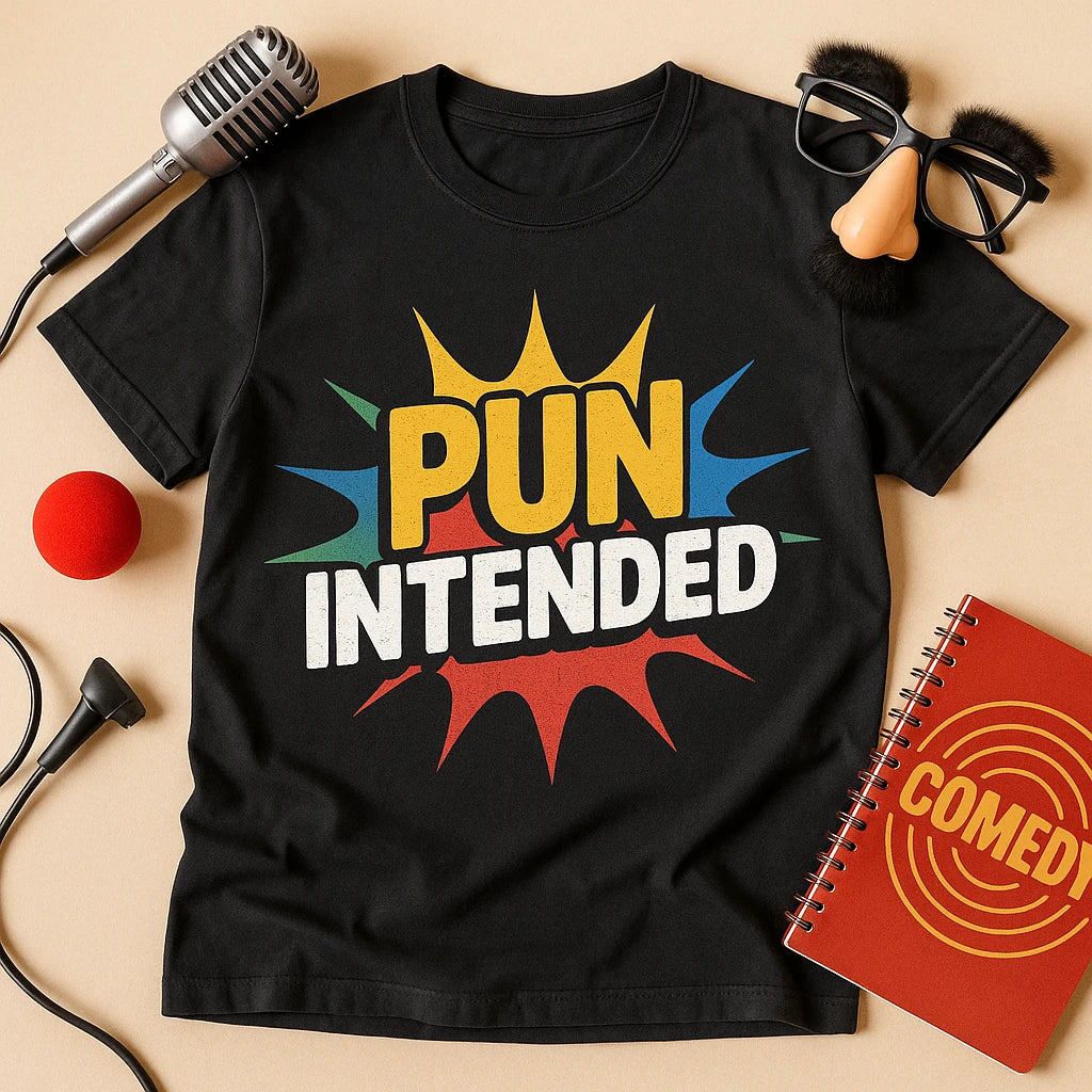 A black t-shirt with a colorful comic-style design displaying the text "PUN INTENDED." Around the t-shirt are various comedic props including a microphone, a red clown nose, a notebook labeled "COMEDY," and a pair of novelty glasses with a fake nose and eyebrows.