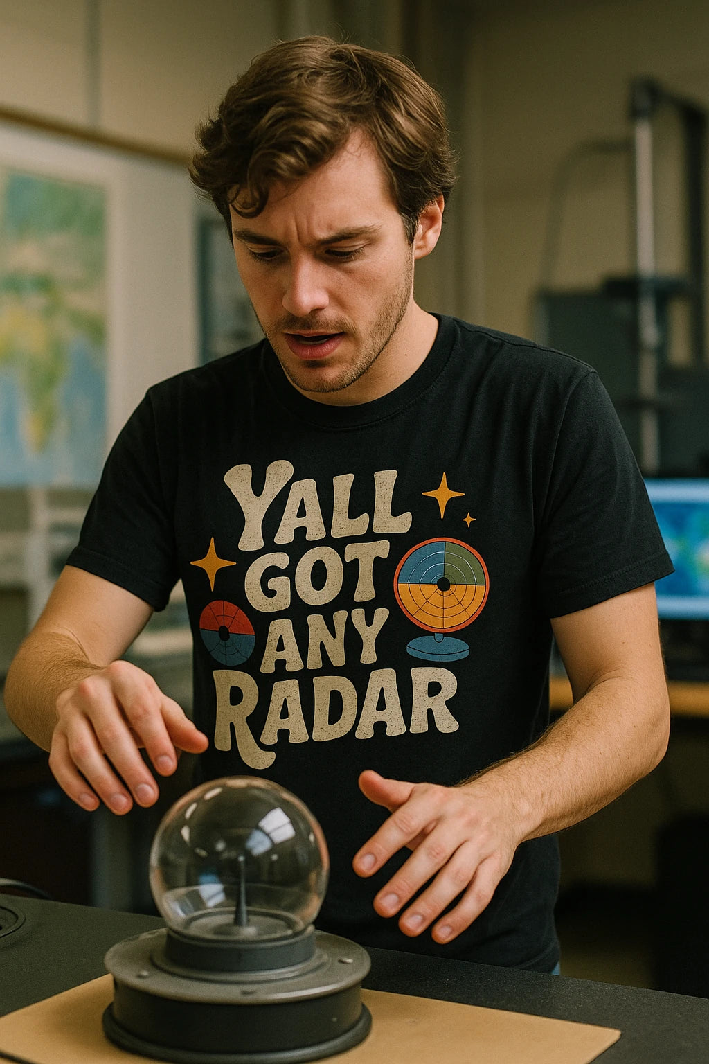 "Yall Got Any Radar" black meteorology shirts, photographed as gifts for meteorology lovers