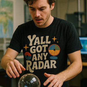 "Yall Got Any Radar" black meteorology shirts, photographed as gifts for meteorology lovers
