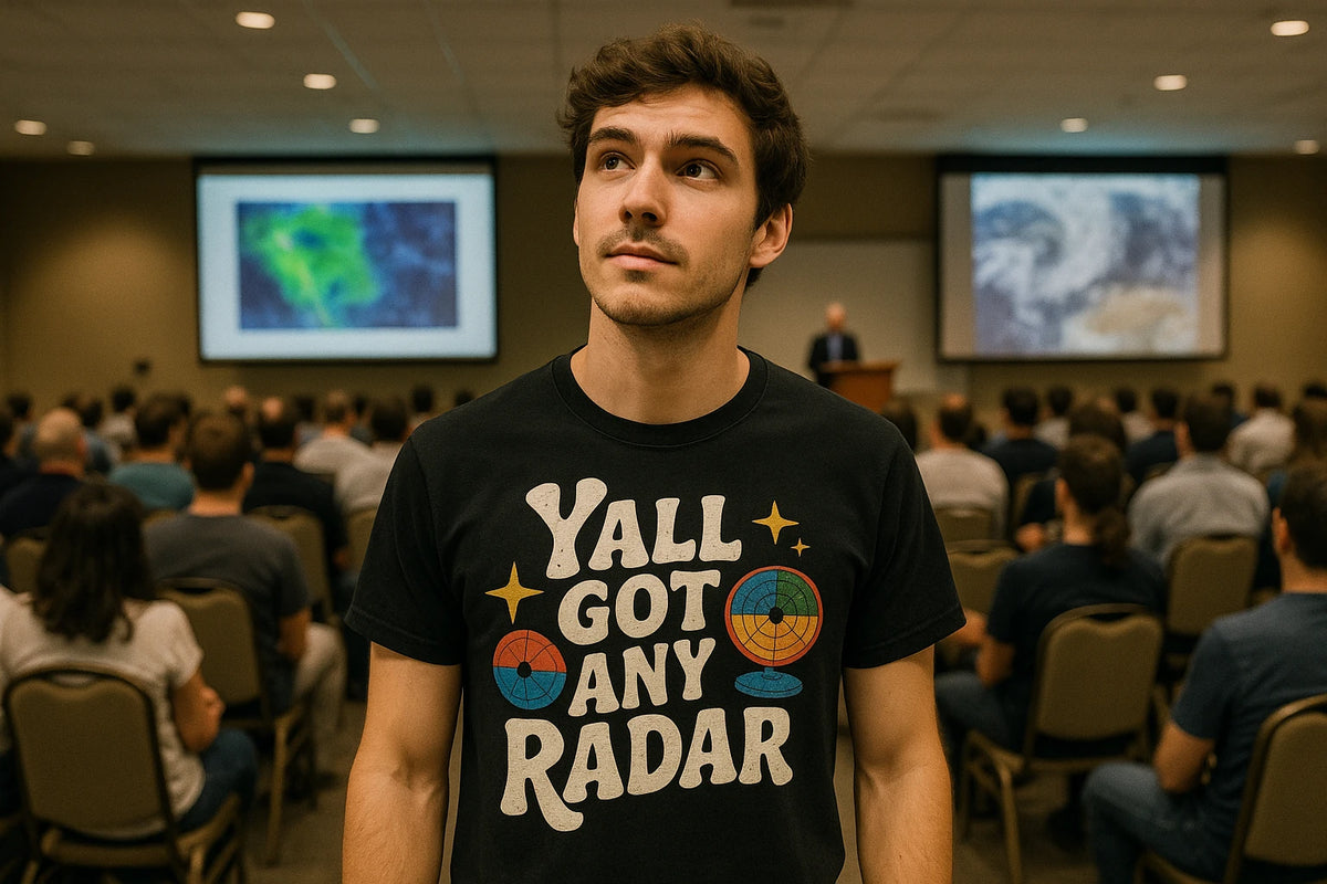 Lifestyle shot of the "Yall Got Any Radar" black meteorology shirts in a real-world setting