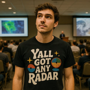 Lifestyle shot of the "Yall Got Any Radar" black meteorology shirts in a real-world setting