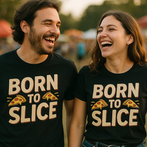 Person wearing the black pizza t shirt graphic tee - "Born To Slice" design