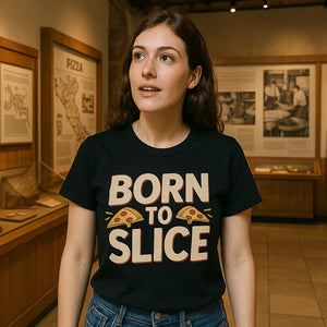 Lifestyle shot of the "Born To Slice" black pizza t shirt in a real-world setting