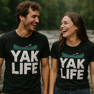 Person wearing the black red canoe t shirt graphic tee - "Yak Life" design