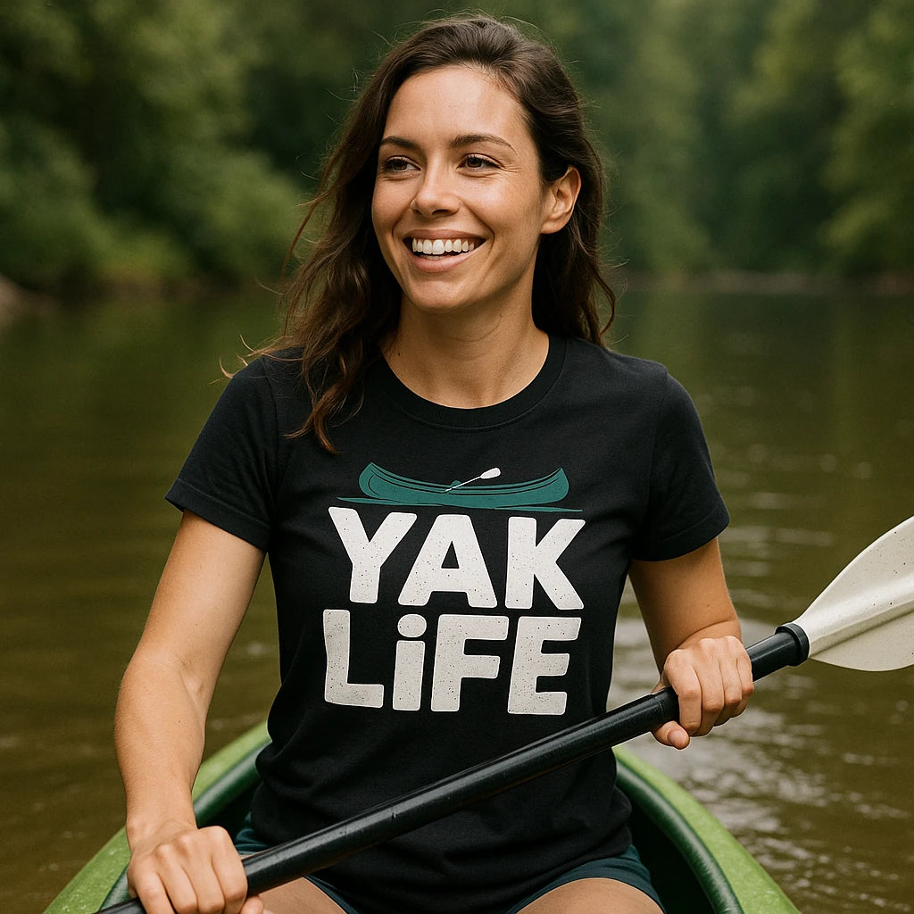 "Yak Life" black red canoe t shirt, photographed as canoeing lover gift