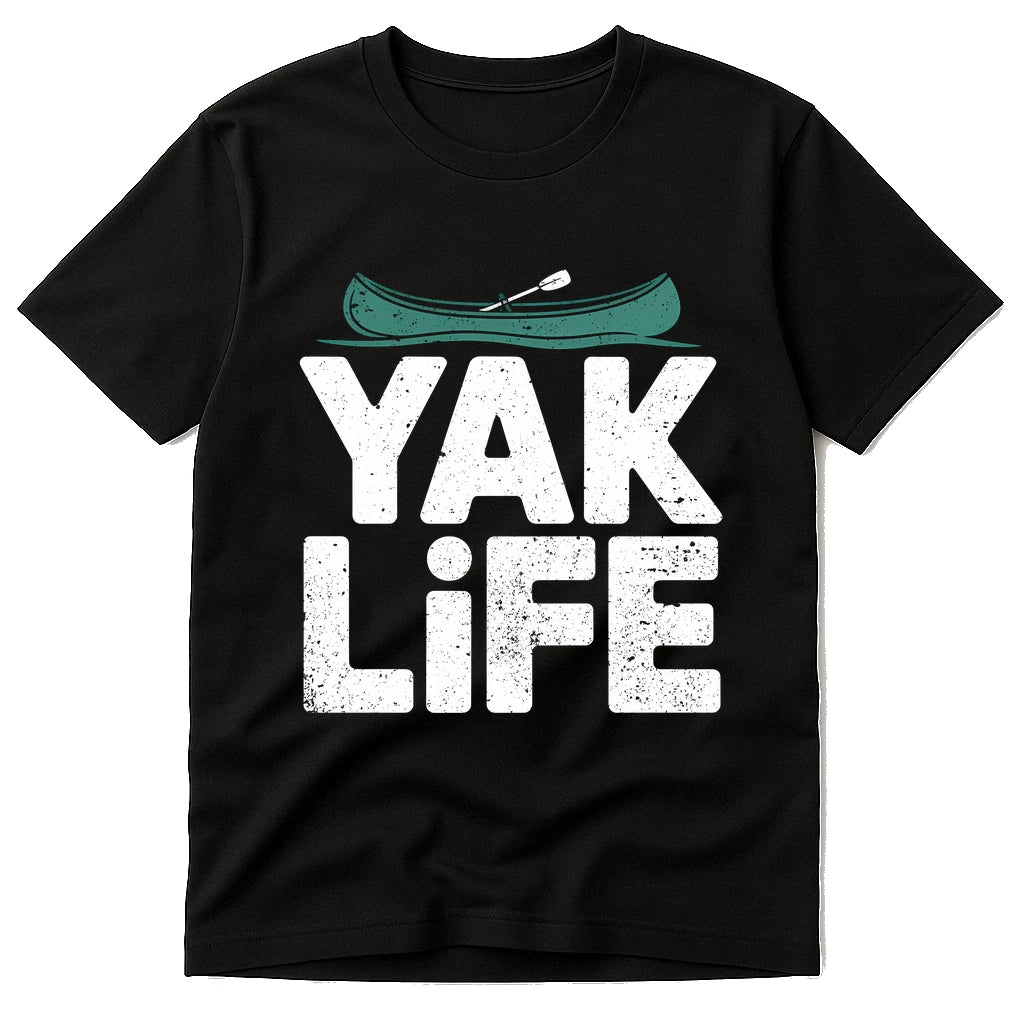 Black Red Canoe T Shirt - "Yak Life" graphic tee with white print, flat lay product photo