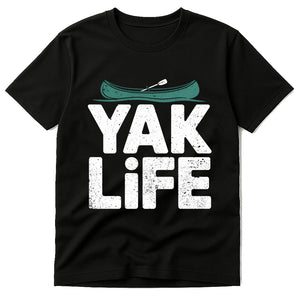 Black Red Canoe T Shirt - "Yak Life" graphic tee with white print, flat lay product photo