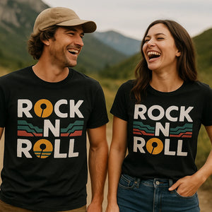 Person wearing the black trail running t shirt graphic tee - "Rock N Roll" design