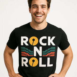 Close-up of the "Rock N Roll" white print on a premium Bella+Canvas black trail running t shirt