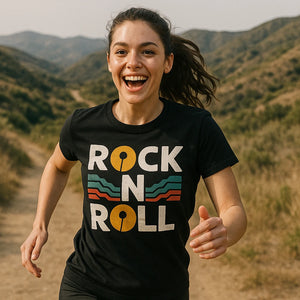 Lifestyle shot of the "Rock N Roll" black trail running t shirt in a real-world setting
