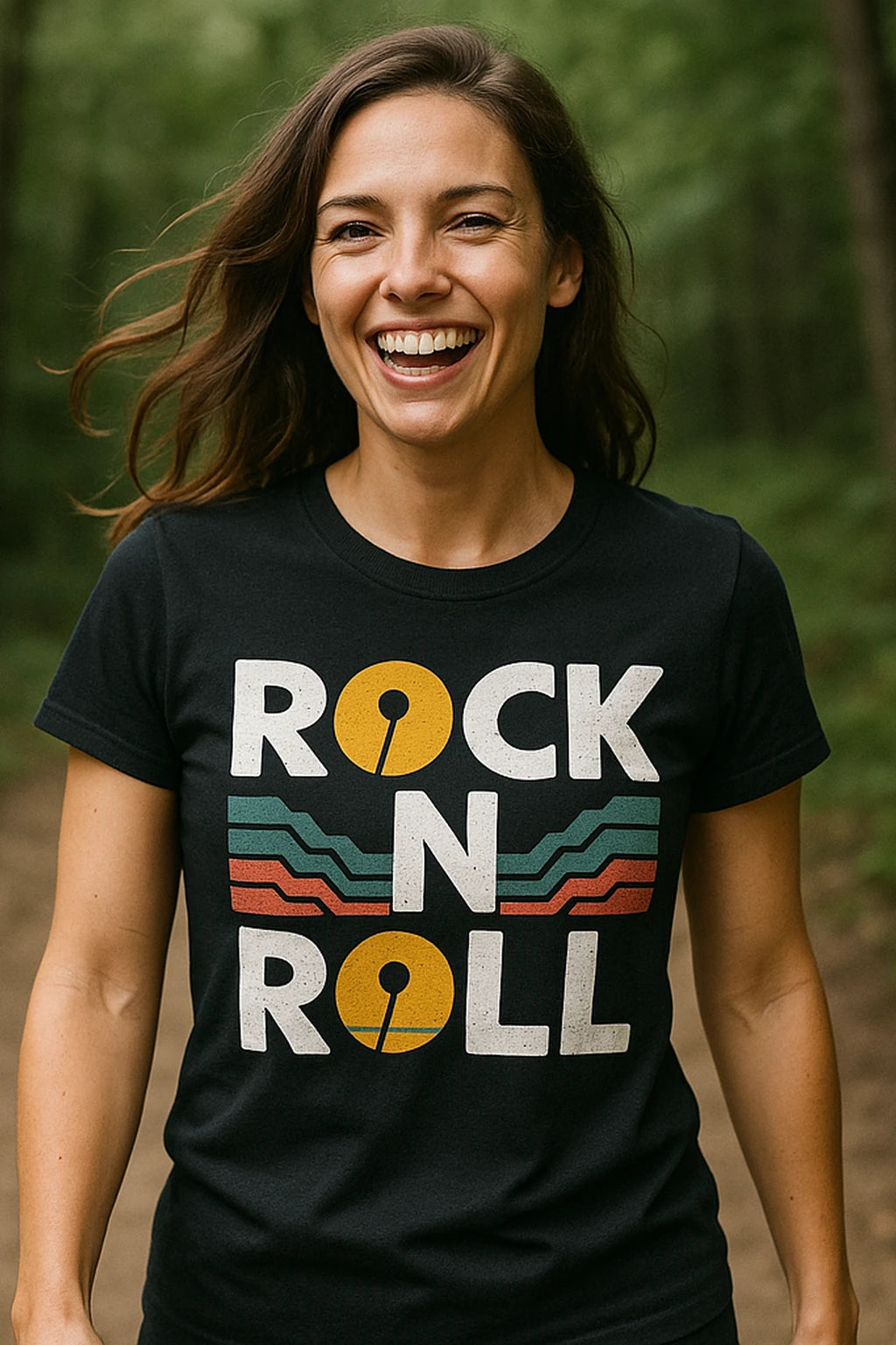 "Rock N Roll" black trail running t shirt, photographed as trail running lover gift
