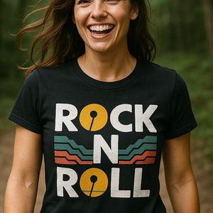"Rock N Roll" black trail running t shirt, photographed as trail running lover gift