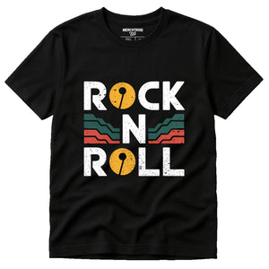 Black Trail Running T Shirt - "Rock N Roll" graphic tee with white print, flat lay product photo