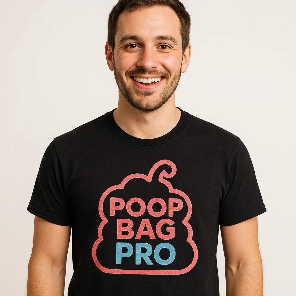 Close-up of the "Poop Bag Pro" pink print on a premium Bella+Canvas black animal lovers t shirts