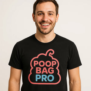 Close-up of the "Poop Bag Pro" pink print on a premium Bella+Canvas black animal lovers t shirts