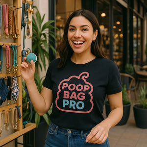 Lifestyle shot of the "Poop Bag Pro" black animal lovers t shirts in a real-world setting