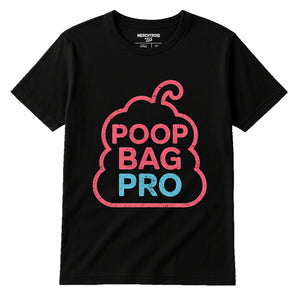 Black Animal Lovers T Shirts - "Poop Bag Pro" graphic tee with pink print, flat lay product photo