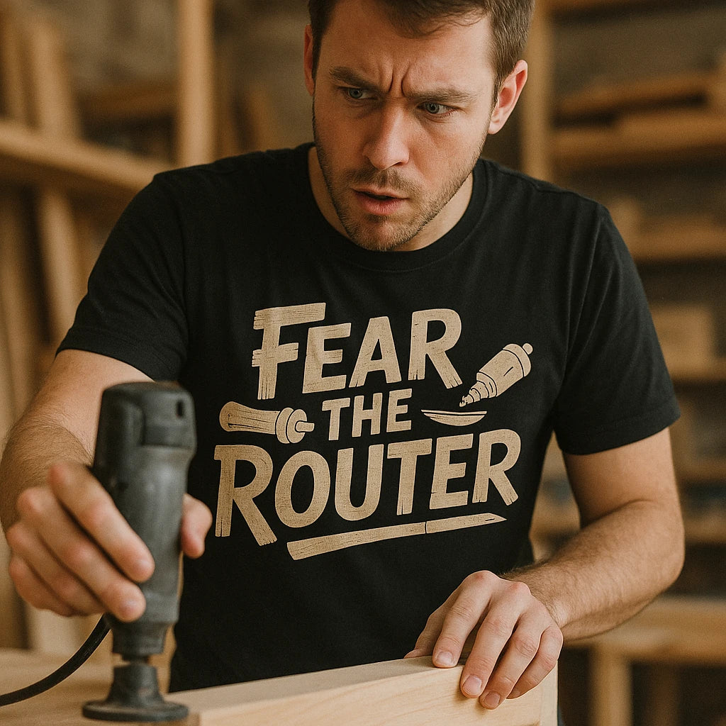 "Fear the Router" black woodworking t shirt - also one of the best gifts for woodworkers