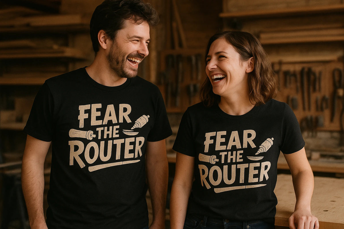 Person wearing the black woodworking t shirt graphic tee - "Fear the Router" design