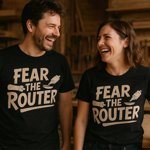 Person wearing the black woodworking t shirt graphic tee - "Fear the Router" design