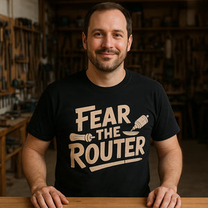 Lifestyle shot of the "Fear the Router" black woodworking t shirt in a real-world setting