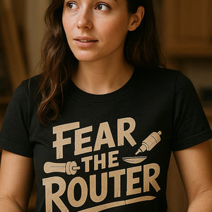 "Fear the Router" black woodworking t shirt - also a woodworking gifts for men