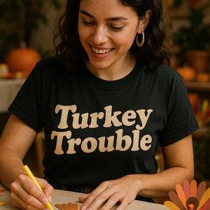 "Turkey Trouble" black thanksgiving tees - also a thanksgiving shirt ideas for family