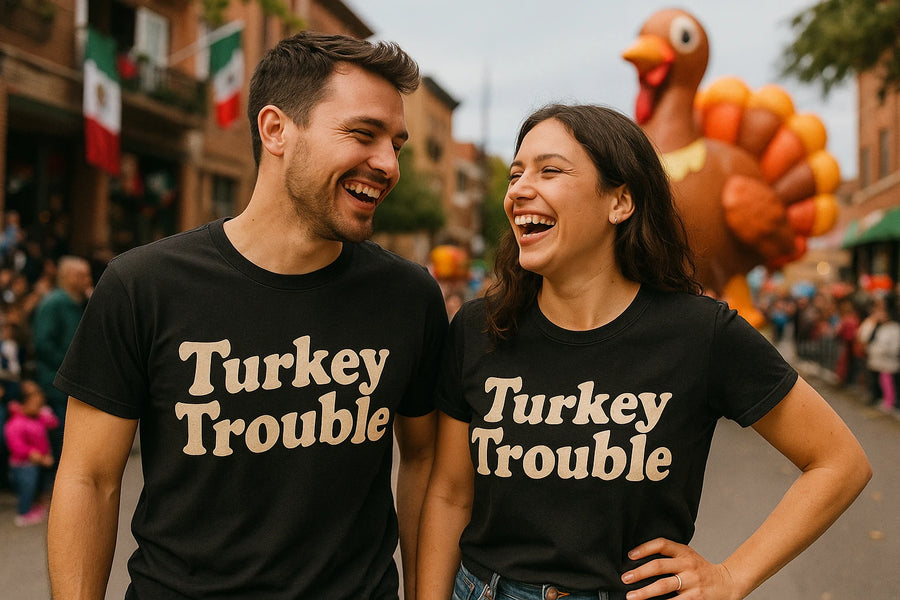 A smiling man and woman stand side by side wearing matching black T-shirts that read "Turkey Trouble." They are outdoors at a festive event. In the background, there is a large inflatable turkey and people gathered, with some holding flags.