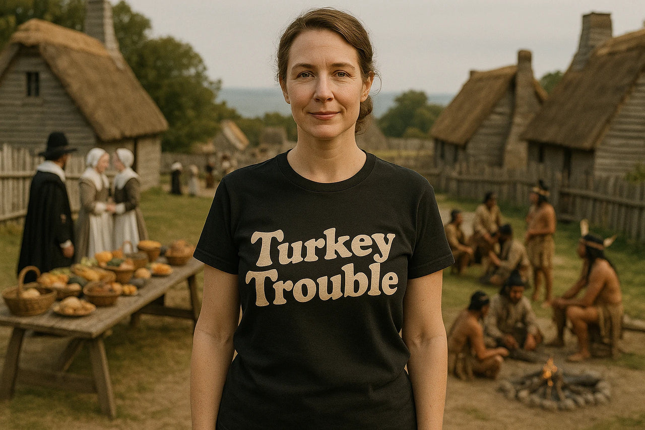 A person wearing a black t-shirt with the text "Turkey Trouble" stands in the foreground. In the background, there is a historical reenactment setting with people dressed in period attire and indigenous clothing, gathered near a table with food and a small campfire. The scene features thatched-roof buildings and a wooden fence.