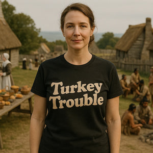 Lifestyle shot of the "Turkey Trouble" black thanksgiving tees in a real-world setting