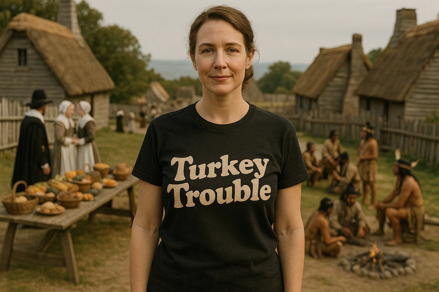 A person wearing a black t-shirt with the text "Turkey Trouble" stands in the foreground. In the background, there is a historical reenactment setting with people dressed in period attire and indigenous clothing, gathered near a table with food and a small campfire. The scene features thatched-roof buildings and a wooden fence.