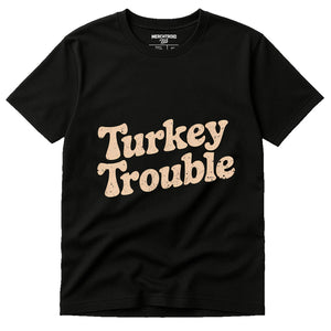 Black Thanksgiving Tees - "Turkey Trouble" graphic tee with beige print, flat lay product photo