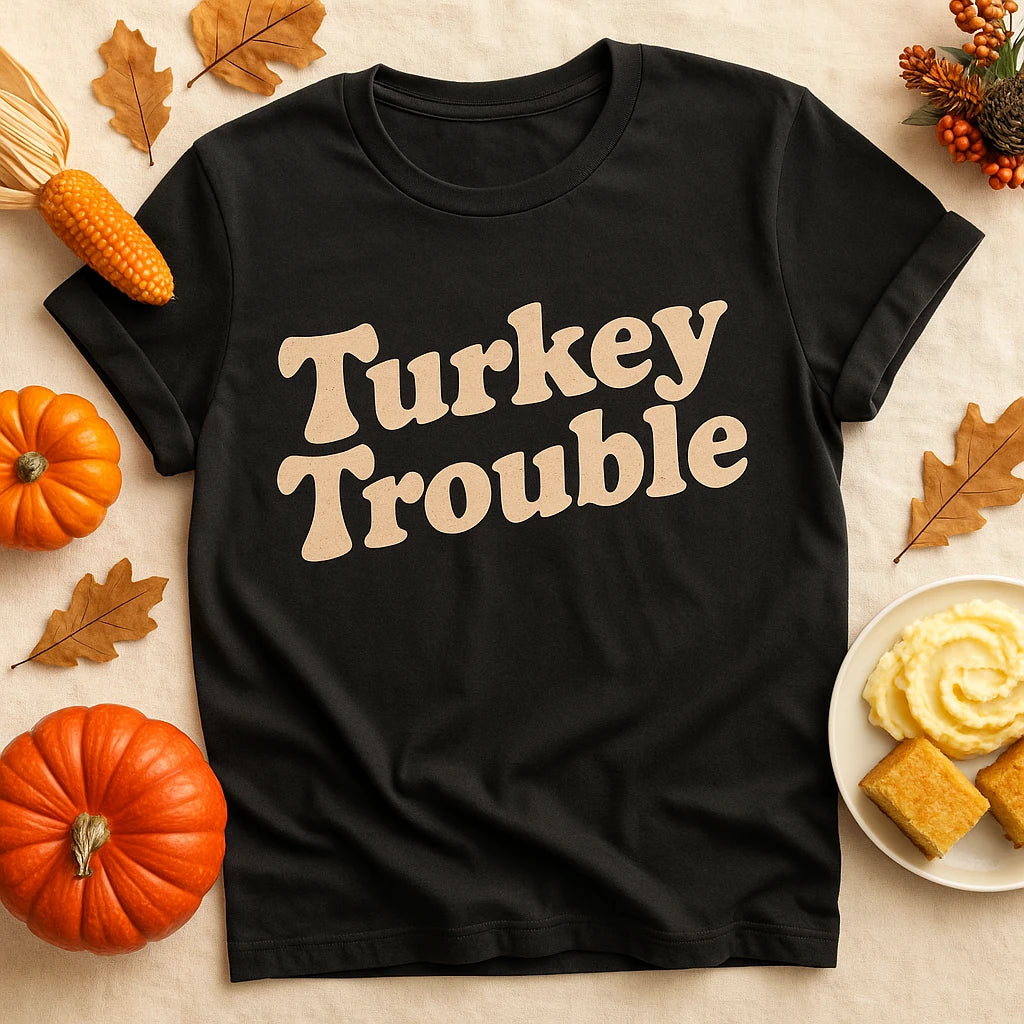 A black T-shirt laid flat with the words "Turkey Trouble" in beige text. The shirt is surrounded by autumn-themed items, including small pumpkins, corn, dried leaves, and a plate with mashed potatoes and cornbread.