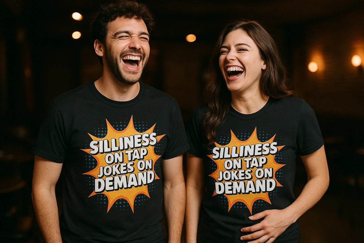 Person wearing the black comedy t shirt graphic tee - "Silliness on Tap Jokes on Demand" design