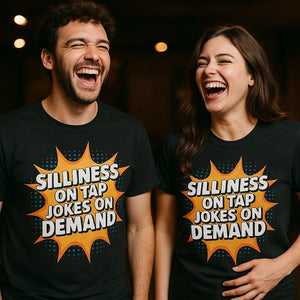 Person wearing the black comedy t shirt graphic tee - "Silliness on Tap Jokes on Demand" design