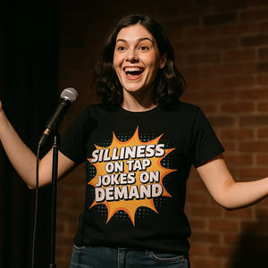 Lifestyle shot of the "Silliness on Tap Jokes on Demand" black comedy t shirt in a real-world setting