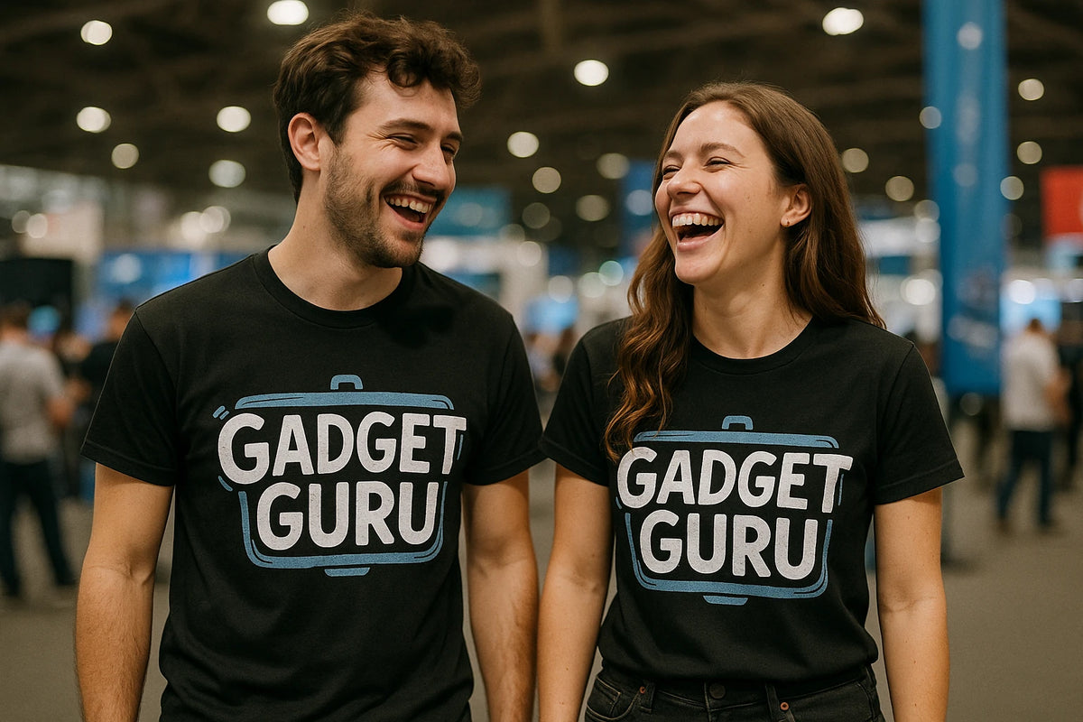 Person wearing the black gadget t shirt graphic tee - "Gadget Guru" design