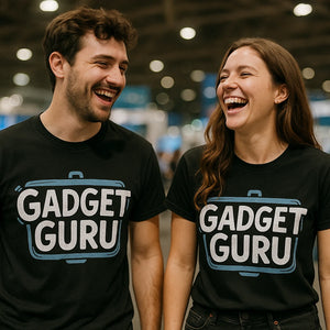 Person wearing the black gadget t shirt graphic tee - "Gadget Guru" design